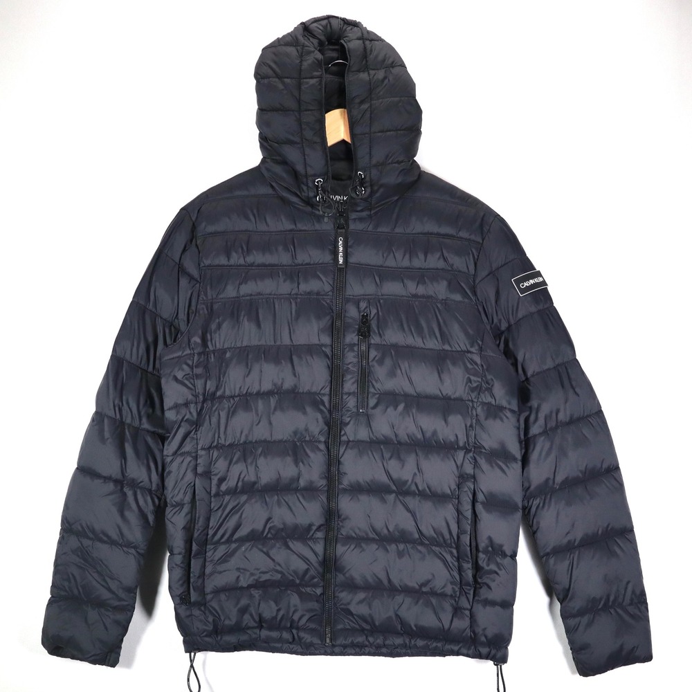 Calvin Klein Puffer Jacket Men Medium Black Quilted Water Resistant Hooded Coat